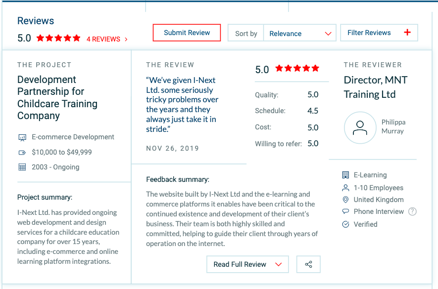 5 STar review of I-Next by MNT Ltd. for 15 years of web development